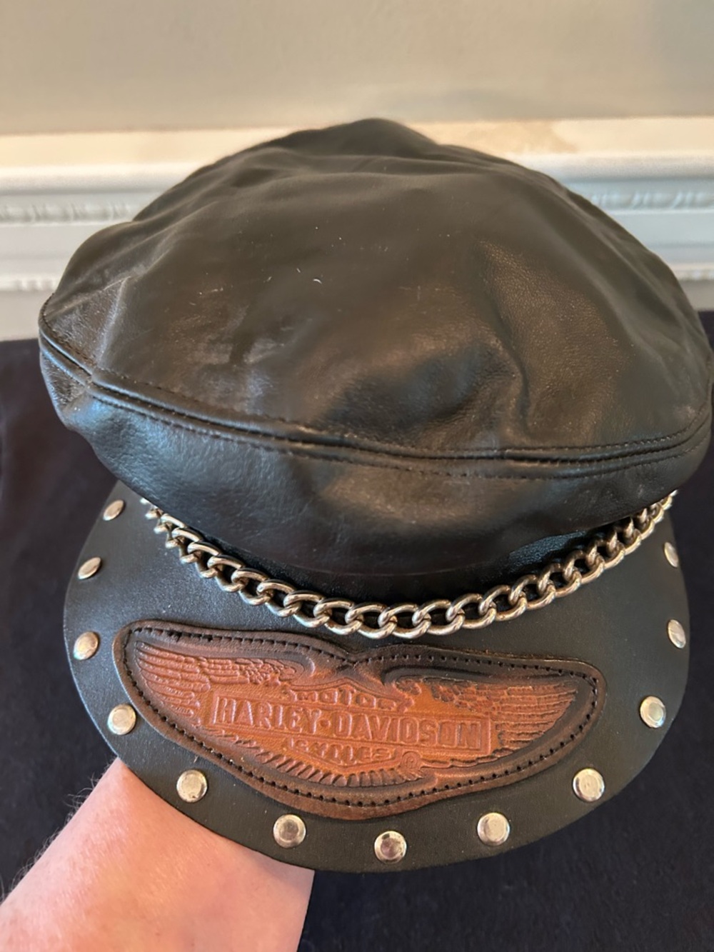 Vintage Harley-Davidson Black Leather Biker Cap with Brown Patch & Silver Chain